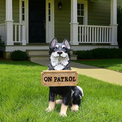 Northern Husky Porch Accent Featuring Solar Lantern & Double-Sided Sign, Sitting Black Husky Garden Statue for Entry Steps & Lawn Edge