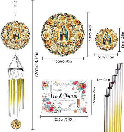 Wind Chimes with Virgin Mary Wind Spinner, Religious Decor Gift, Hanging Metal Wind Catcher with 2" Guadalupe Center Pendant, 6" 3D Stainless Steel Kinetic Art for Garden Yard