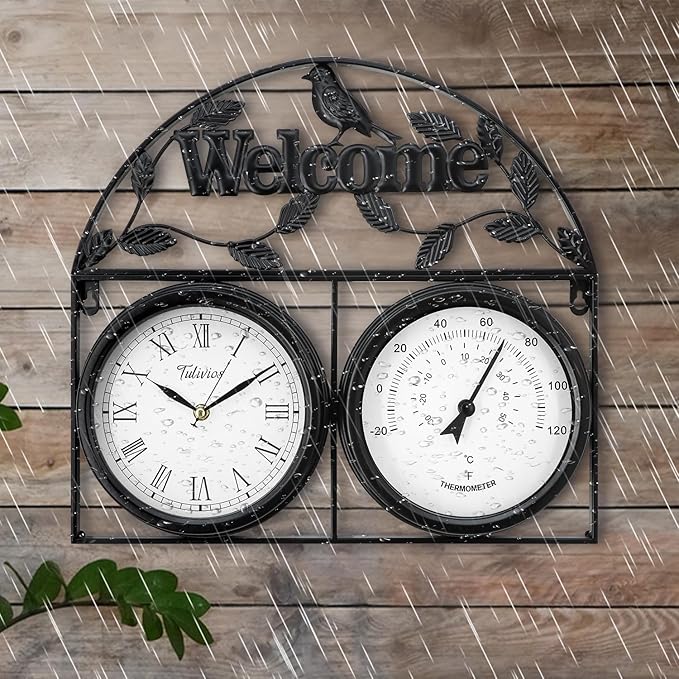 17Inch Large Outdoor Clock,Waterproof Wall Clock with Thermometer,Weatherproof Non-Ticking Quartz Battery Operated Decor Clock for Patio,Garden,Pool,Porch,House Warming Gifts