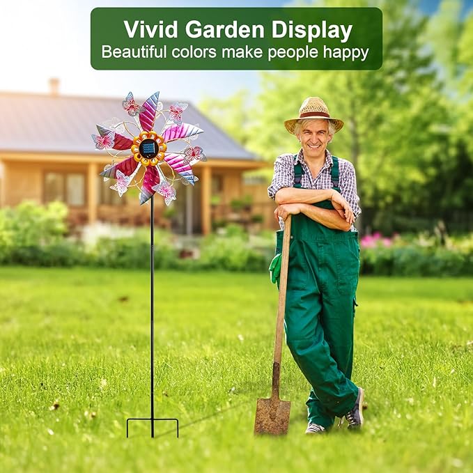 Solar Wind Spinner Outdoor Metal - Large Kinetic Garden Wind Spinners with Solar LED Lights, Waterproof Butterfly Yard Art Sculptures & Spinners for Patio, Lawn, Pathway, Backyard