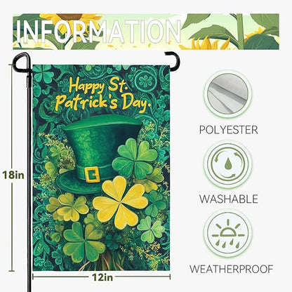 Happy St. Patrick's Day Shamrock Garden Flag Double Sided 12 x 18 Inch Green Hat with Clovers Decorative Garden Yard Flags for Home Decor
