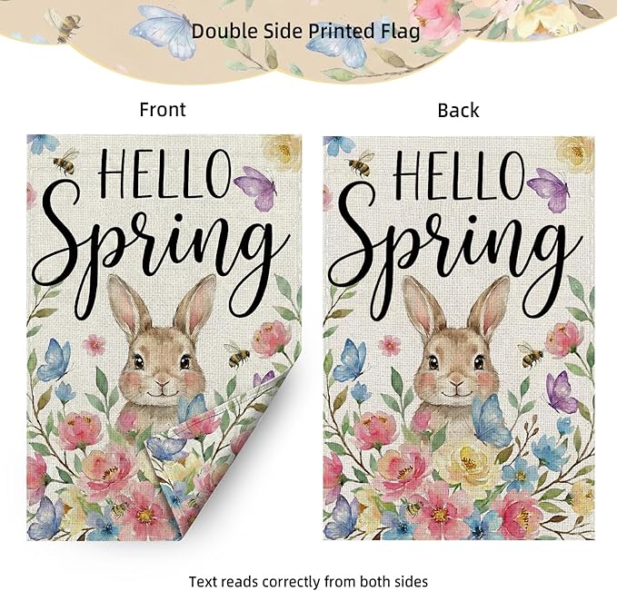 Hello Spring Garden Flag 12 x 18 Inch Double Sided Outside, Rabbit, Brightly Colored Bouquets, Hello Spring Easter Flag Yard Outdoor Easter Holiday Decoration