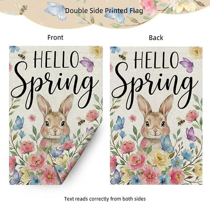Hello Spring Garden Flag 12 x 18 Inch Double Sided Outside, Rabbit, Brightly Colored Bouquets, Hello Spring Easter Flag Yard Outdoor Easter Holiday Decoration