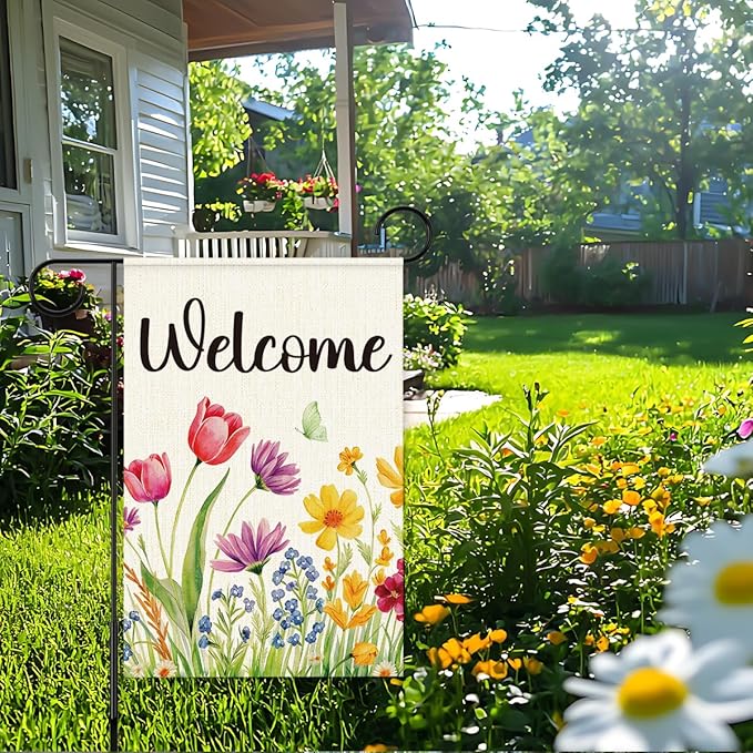 Spring Floral Welcome Garden Flag for Outside,Welcome Spring Yard Flag for Lawn Porch Flags for Outdoor Decorations 12x18 Inch Double Sided