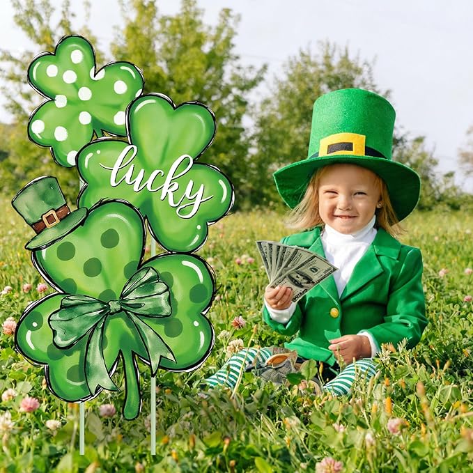 FYSUIMU St. Patrick' s Day Outdoor Decorations Shamrock Yard Stakes 31 Inch Irish Lucky Clover Yard Sign for Home Garden Lawn Porch Patio Walkway Decor