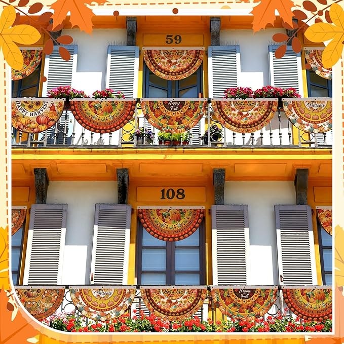 6 Pcs Hello Fall Bunting Flag Thanksgiving Pumpkin Welcome Fall Outdoor Half Banner Happy Harvest Autumn Pumpkin Squirrel Pattern Bunting Flag for Thanksgiving Garden Decor, 1.5 x 3 ft