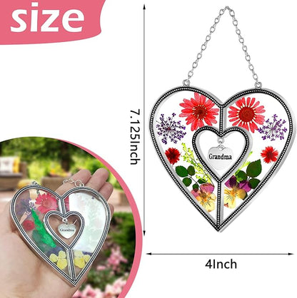 KY&BOSAM Grandma Heart Suncatcher Grandma Gifts Staiend Glass Wind Chimes for Outside Pressed Flower Colorful Heart Suncatchers Outdoor for Garden Windows Indoor Home Trees Patio Yard Porch Decor