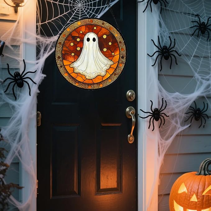 Stained Glass Window Hanging - Halloween Decorations White Ghost Suncatcher for Doors Garden Indoor Spooky Funny Orange Sun Catchers Gothic Decor Horror Gifts for Women Men Friend 11.8 in