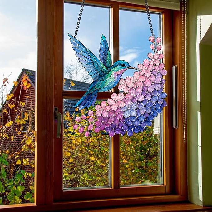 Stained Glass Window Hanging Suncatcher Hummingbird with Flowers Bird Sun Catcher Wall Decor for Bedroom Pink Room Decor Gifts for Mom, Bird Lovers, Friends