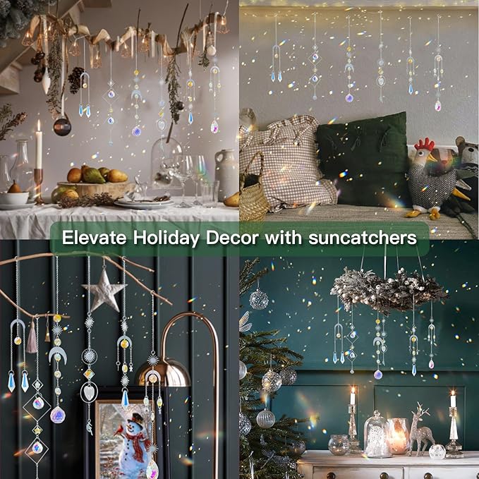 suddus 6pcs Silver Suncatchers Crystal Prism, Christmas Rainbow Maker Pendants, Sun Catcher Hanging for Window, Home, Garden, Cat, Thanksgiving Day, Party, Wedding Decoration