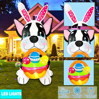5 FT Easter Inflatables Dog Outdoor Decoration, LED Blow Up Yard Cute Dog with Easter Eggs for Party Spring Garden Drawing Room Indoor Decorations