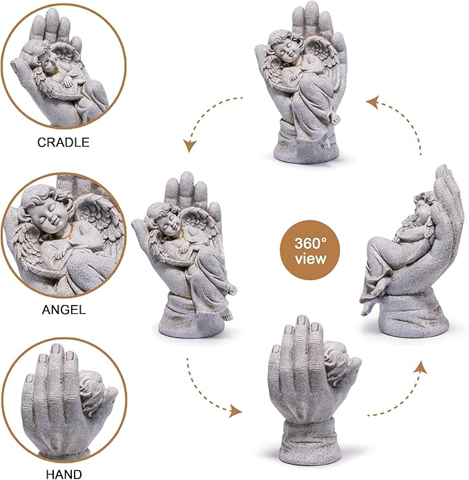 basen Guardian Angel Statue in Hand, Memorial Angel Garden Statue for Outdoor Yard Lawn Patio, Resin Angel Figurine Decoration for Grave Cemetery Remembrance, Sympathy Gift Decor