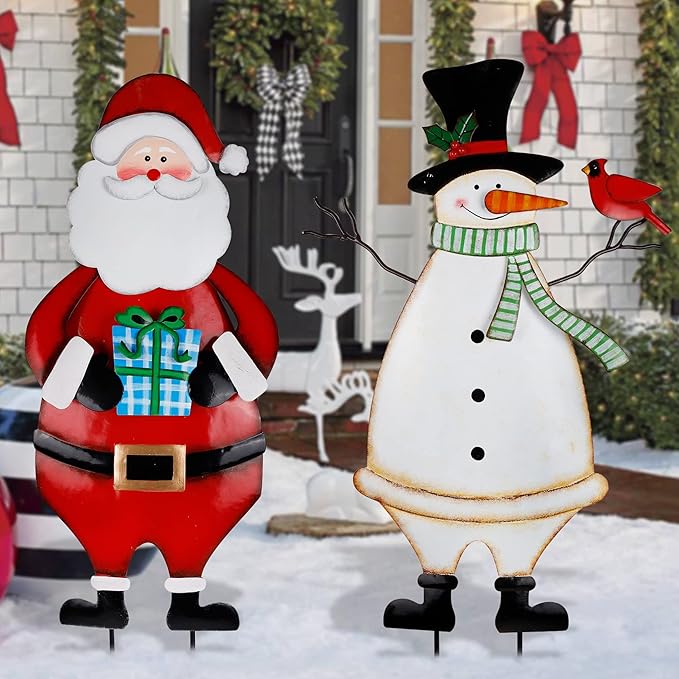 Hausse 2 Pack Christmas Garden Metal Stakes, 31.5 Inch Decorative Snowman and Santa Claus, Xmas Yard Signs for Outdoor Decorations, Holiday New Year Home Decor for Lawn Pathway Patio
