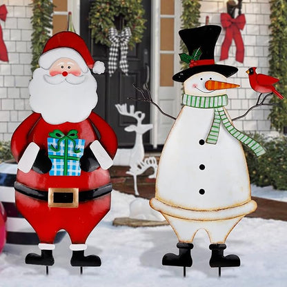 Hausse 2 Pack Christmas Garden Metal Stakes, 31.5 Inch Decorative Snowman and Santa Claus, Xmas Yard Signs for Outdoor Decorations, Holiday New Year Home Decor for Lawn Pathway Patio