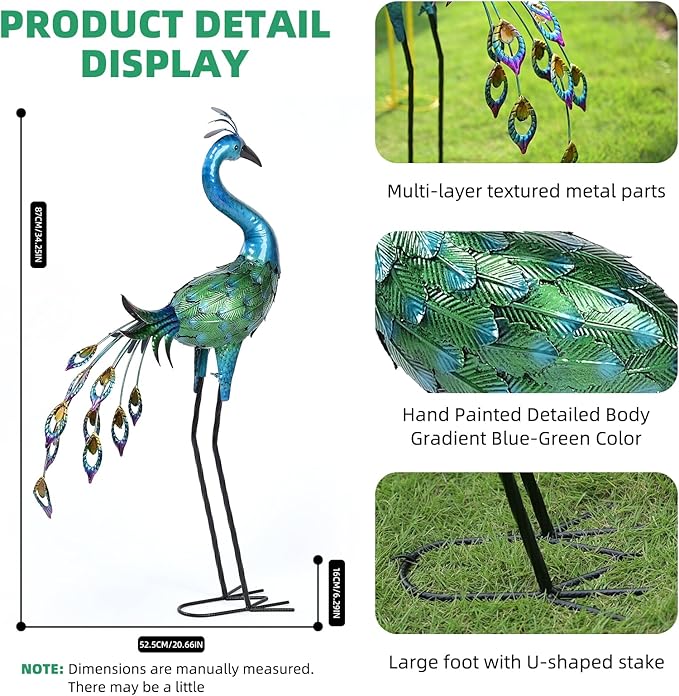 Metal Peacock Statue Yard Decor - Large Iron Peacock 34", Standing Bird Garden Sculptures, Metal Birds Yard Art Outdoor Statues, Outdoor Backyard Decor, Patio, Porch, Lawn Ornament Garden Decoration