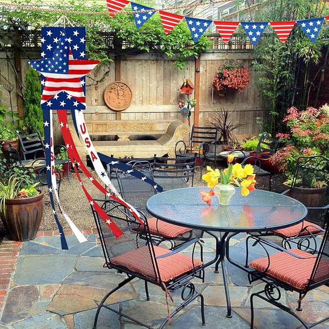 40 Inches USA Star Windsock Decoration, Patriotic Themed Hanging Wind Sock Ornament with Red, White, Blue Streamers, 'USA' Lettering, and Stars for 4th of July, Memorial Day, Veterans Day Decor