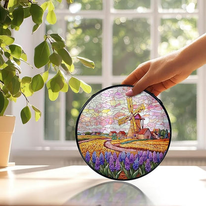 Wildflower Windmill Landscape Suncatchers Stained Glass Window Hanging, Cottagecore Flower Sun Catchers Indoor Window Glass Round Wall Decor, Floral Wall Hanging Decorations, 7.9x7.9in