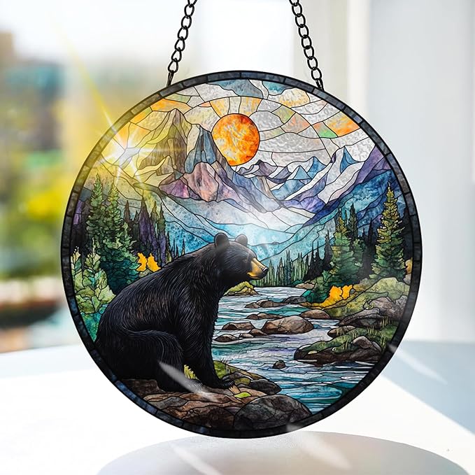 Bimkole Bear Stained Glass Suncatcher Window Hanging - Animal Tree Indoor Window or Doorway Decoration - Handmade Sun Catcher Decor for Garden Home Christmas & Birthday Gifts 7.87x7.87 inch
