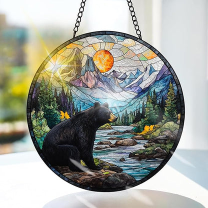 Bimkole Bear Stained Glass Suncatcher Window Hanging - Animal Tree Indoor Window or Doorway Decoration - Handmade Sun Catcher Decor for Garden Home Christmas & Birthday Gifts 7.87x7.87 inch