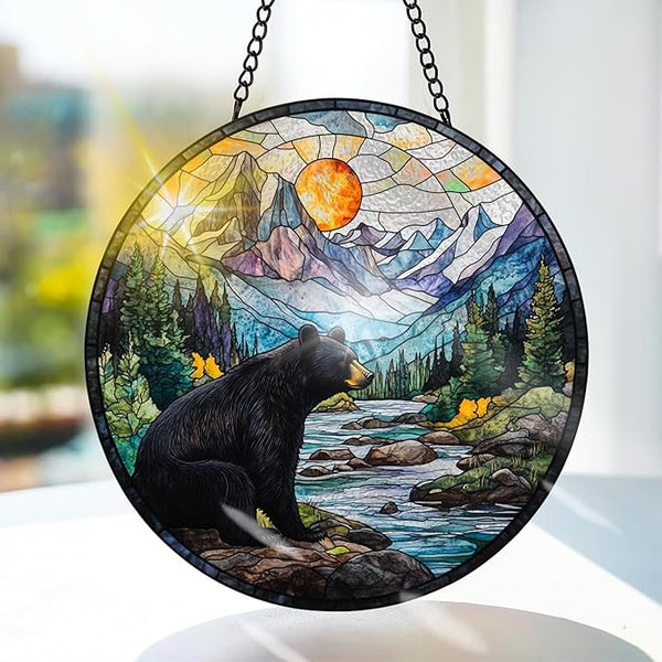 Bimkole Bear Stained Glass Suncatcher Window Hanging - Animal Tree Indoor Window or Doorway Decoration - Handmade Sun Catcher Decor for Garden Home Christmas & Birthday Gifts 7.87x7.87 inch