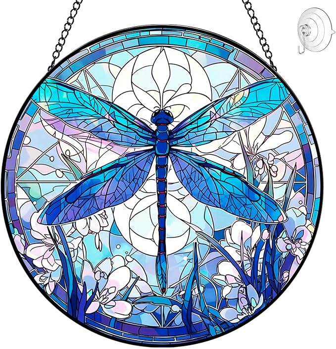 Dragonfly Suncatcher Stained Glass Window Hanging - 8” Handmade Suncatchers for Windows Door Home Garden Decor - Sun Catchers Indoor Wall Art Glass Panel Ornaments - Mothers Day Grandma Gifts for Mom