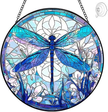 Dragonfly Suncatcher Stained Glass Window Hanging - 8” Handmade Suncatchers for Windows Door Home Garden Decor - Sun Catchers Indoor Wall Art Glass Panel Ornaments - Mothers Day Grandma Gifts for Mom