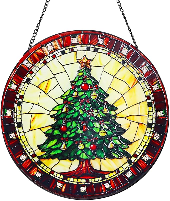 Green Christmas Tree Stained Glass Window Hanging Suncatcher with Chain - 7.9" Outdoor/Indoor Art Decor for Home Garden, Wedding, Mother's, Valentine's, Thanksgiving Ornaments Present
