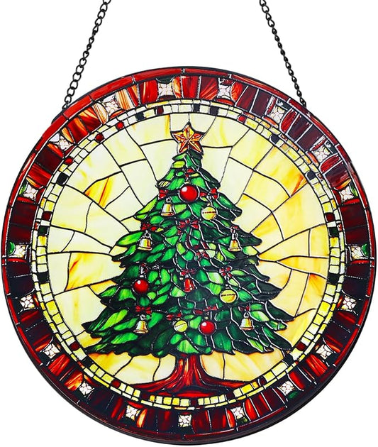 Green Christmas Tree Stained Glass Window Hanging Suncatcher with Chain - 7.9" Outdoor/Indoor Art Decor for Home Garden, Wedding, Mother's, Valentine's, Thanksgiving Ornaments Present