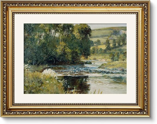 ARPEOTCY Vintage Gold Framed Wall Art, Nature Streamside Retro Paintings, Canvas Prints Artwork with Antique Frame, Victorian Wall Pictures Decor for Living Room Gallery Room 11x14 inch