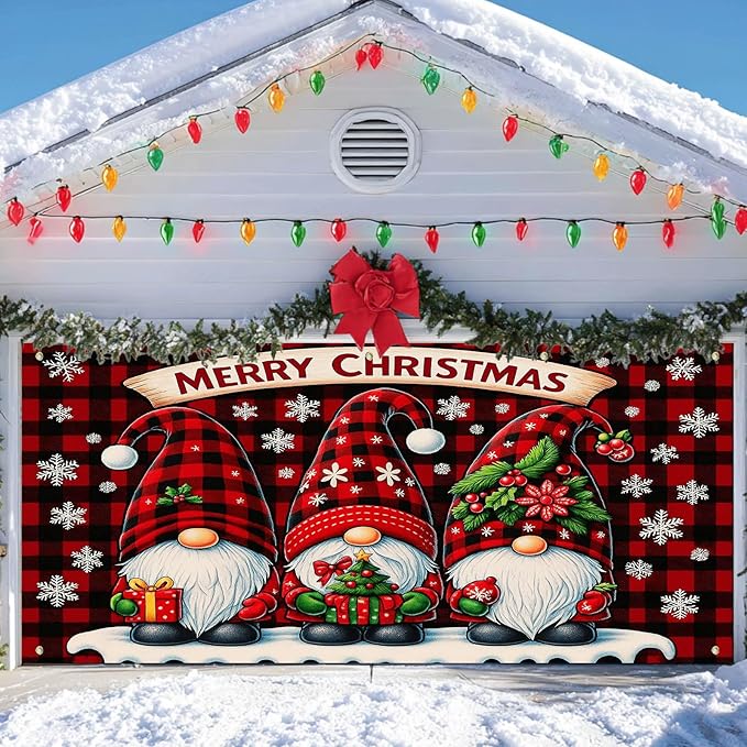 IVN Christmas Garage Door Cover Decoration 13x6ft Gnome Pattern Red Backdrop Gift Snowflakes and Stars Merry Christmas Garage Door Banner Home Door Front Yard Decor for Xmas Eve Holiday Outdoor