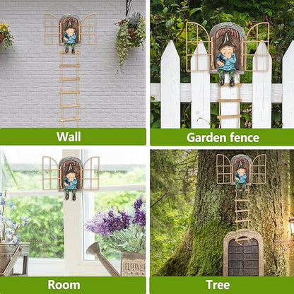 Garden Gnomes Decoration Outdoor Tree Faces Decor with Hanging Ladder for Yard, Elf Out The Door Tree Hugger Figurine Resin Garden Sculpture Ornament Whimsical Gnome Decor for Patio Yard Lawn