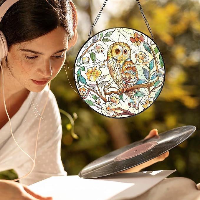 Owl Bird Flower Stained Glass Window Hanging, Owl Gifts for Women, Cottagecore Bird Floral Botanical Suncatchers Sun Catchers Indoor Window Glass Wall Art Decorations, 7.9x7.9in, Patio