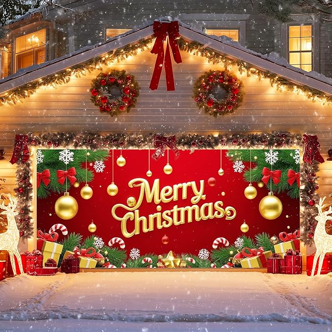 IVN Merry Christmas Happy New Year Garage Door Banner 13x6 ft Christmas Garage Door Cover Wnter Scene Background Indoor Outdoor Red Gold Snowflake Candy Cane Ornaments Gift Boxes Holiday Decorations for Home and Events Wall Backdrop Decor