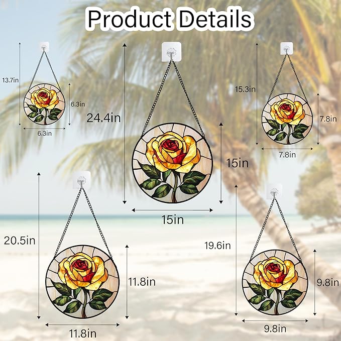 Stained Glass Window Hanging - Elegant Yellow Rose Flower Sun Catcher for Door Garden Home Decor Suncatcher Christmas Mother's Day Birthday Gifts for Women Mom Girl Nana Friend 15 in
