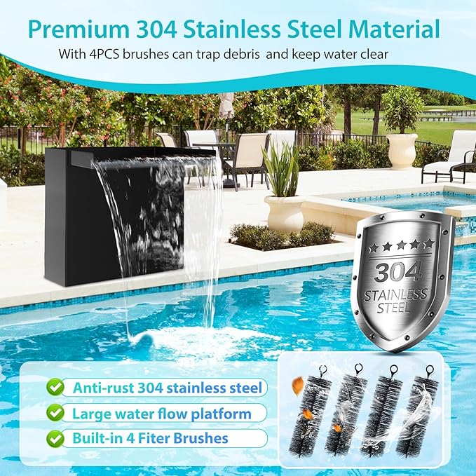 POPOSOAP Pond Waterfall Spillway Kit with LED Lights, 13.4" H x 12" W Stainless Steel Spillway with 660GPH Pond Pump, Filtration, 10FT Corrugated Tubing Waterfall for Water Garden, Backyard, Pool