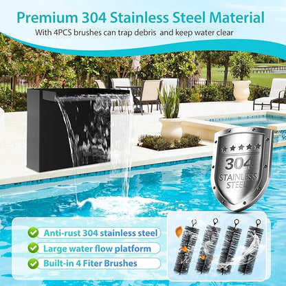 POPOSOAP Pond Waterfall Spillway Kit with LED Lights, 13.4" H x 12" W Stainless Steel Spillway with 660GPH Pond Pump, Filtration, 10FT Corrugated Tubing Waterfall for Water Garden, Backyard, Pool