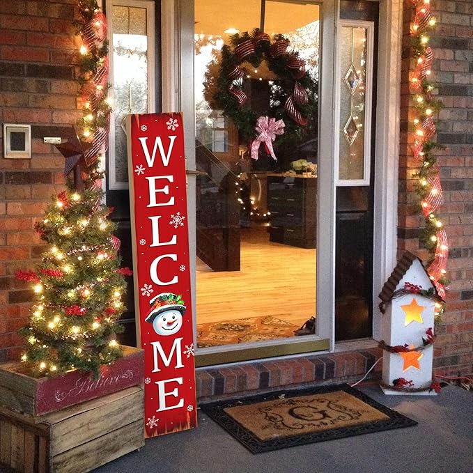 Christmas Snowman Wooden Porch Sign 47" Winter Vintage Large Welcome Porch Sign for Home Front Door Yard Party Decor (Red)