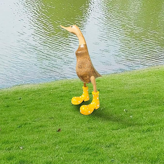 Wooden Crafted Duck Figurine with Spotty Wellies Funny Standing Duck Statues Decorative Resin Rain Boot Animal Sculpture Collectible Crafts Waterproof Garden Lawn Ornament (Yellow, 9.8Inch)