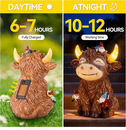 Solar Highland Cow Garden Statue with Funny Gnomes Outdoor Decor,Cow Figurine with LED Lights Yard Art Decoration for Garden,Patio,Lawn-Unique Gift for Mom,Grandma