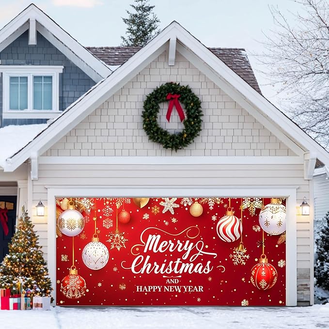 HOMETITUTE 13x6ft Christmas Garage Door Cover Merry Christmas and Happy New Year Backdrop Holiday Party Decorations Indoor Outdoor Wall Background Decor Festive Red Gold Ornament Scene Display