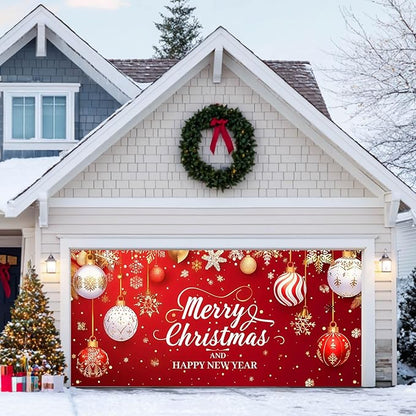 HOMETITUTE 13x6ft Christmas Garage Door Cover Merry Christmas and Happy New Year Backdrop Holiday Party Decorations Indoor Outdoor Wall Background Decor Festive Red Gold Ornament Scene Display