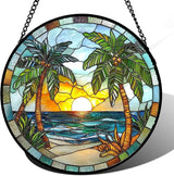 Stained Glass Window Hanging Sea Beach Coconut Trees Sunrise Large 11.8" - Suncatcher Door Garden Sunroom Sun Catcher Home Decor Birthday Christmas for Mom Men Woman Nana