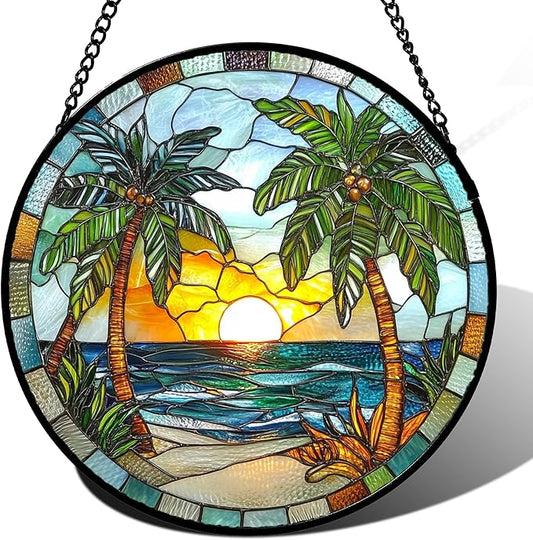 Stained Glass Window Hanging Sea Beach Coconut Trees Sunrise 6.3" - Suncatcher Door Garden Sunroom Sun Catcher Home Decor Birthday Christmas for Mom Men Woman Nana