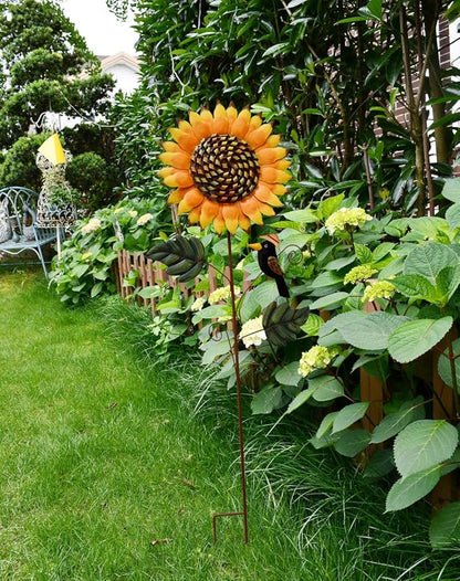 33.5" H Sunflower Garden Stake with Black Crow Outdoor Yard Decor, Rustic Metal Yard Art Flower Stake for Outside Yard Lawn Patio Porch Pathway Decorations