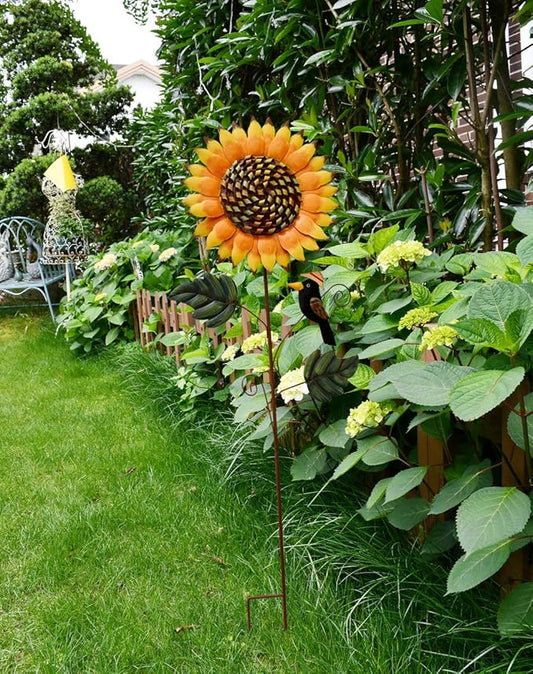 Kilipes Metal Sunflower Yard Stake with Crow Decor Flower Garden Stake Decorative Outdoor Decor for Patio Lawn Plant Pot (2)