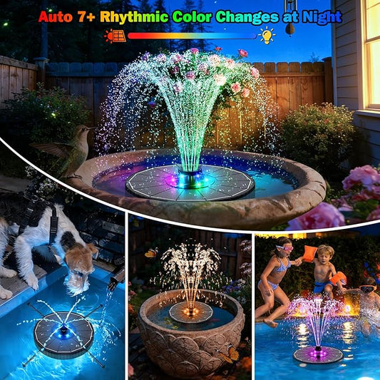 SZMP 3.5W Glass Solar Fountain with Swivel-Out Fixed Rods, Solar Bird Bath Fountains with LED Lights and 2000mAh Battery, 7 Nozzles, Outdoor Solar Water Fountain Pump for Garden, Pool, Pond (Black)