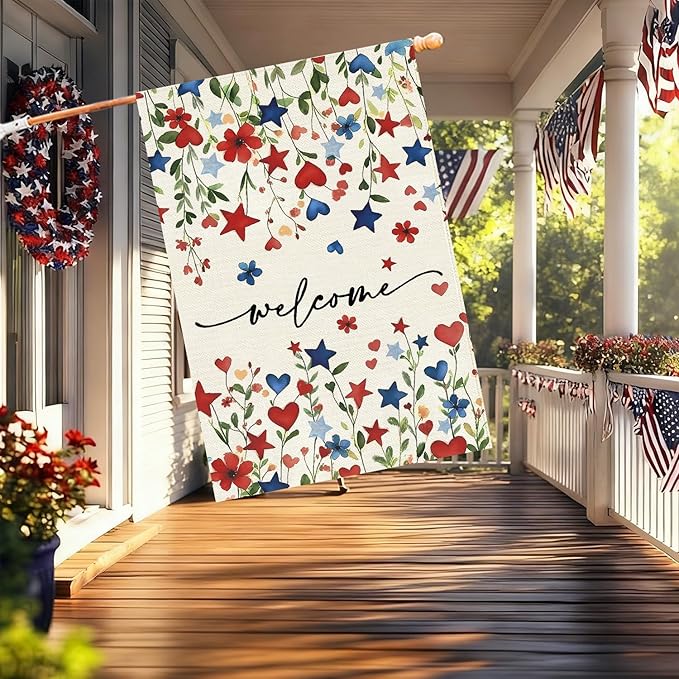 Baccessor Patriotic 4th of July House Flag 28x40 Inch Double Sided Burlap,Memorial Day Welcome American Red and Blue Flower Large Flag Summer Holiday Porch Patio Seasonal Outdoor Outside Decoration
