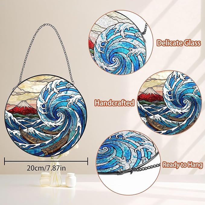 Stained Glass Window Hanging, 8" Round Mount & Great Wave Suncatcher with Metal Chain, Japanese Art Glass Decor for Home Garden, Gift for Mom, Friends, and Family