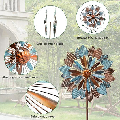Wind Spinners Outdoor, 84" Large Metal Kinetic Wind Sculptures for Garden, Classic Yard Art with 2 Piece Welcome Flag Decoration