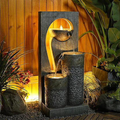 Tankana Water Fountain Zen Feature Outdoor Indoor - Waterfall Garden Freestanding Fountains ρ-Shaped Hollow Artistry Design with LED Lights for Home Decor Patio Yard Pool, 41 inches